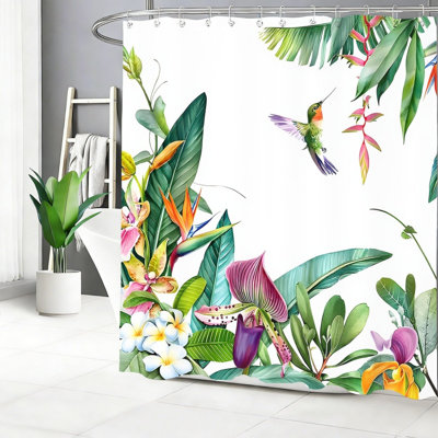 Rideau de douche tropical vert à motif floral colibri 72 x 72 po