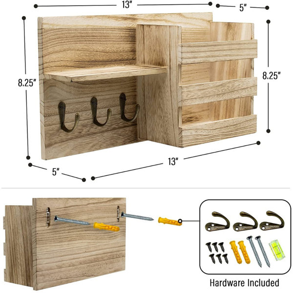 Sorbus Key Holder with Shelf for Mail, Rustic Wooden Key Rack, Mail Holder  for Wall, Entryway Key Hangers, Key & Mail Holder for Wall, Decorative Apartment  Necessities (Grey) 