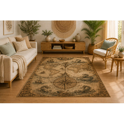 "Ultra Lightweight" 5'x7' Antique World Map Area Rug, Soft Low Pile Indoor Rug with Non-Slip Silicone Backing, Decorative Carpet for Living Room, Bedroom, Dining Room, Office, Vintage Compass Design