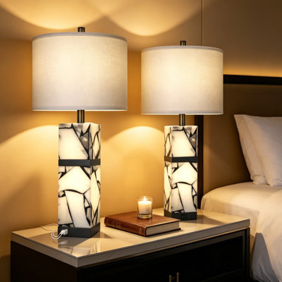 27 Inch Alabaster Table Lamps Set of 2 with Night Light, Modern Bedroom Lamps with USB A and C Ports, Linen Shade, Nightstand Lamps for Living Room Office, Bulb Included, Black