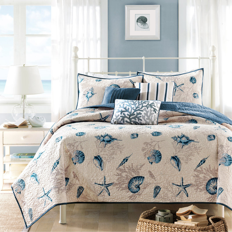 Ensemble de courtepointe en microfibre brossée avec coussins décoratifs bleu, Courtepointe double + 5 pièces supplémentaires