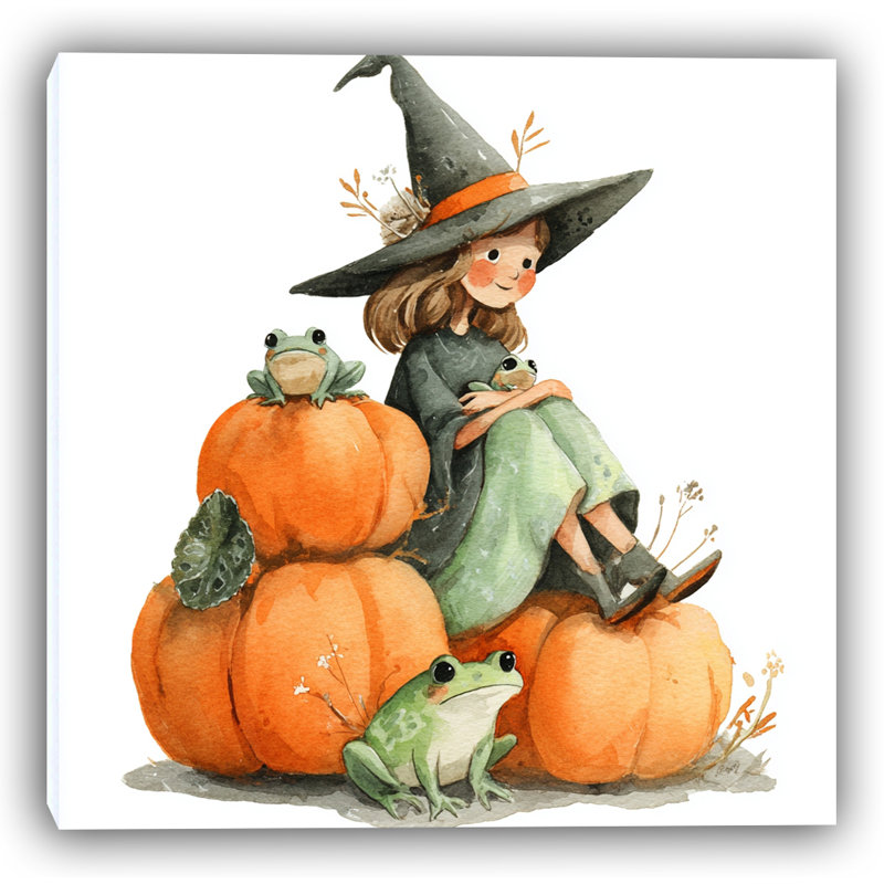 «Witch with Pumpkins and Frogs», art mural sur toile tendue