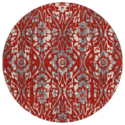 8' Red Ivory And Dark Gray Round Floral Washable Indoor Outdoor Area Rug