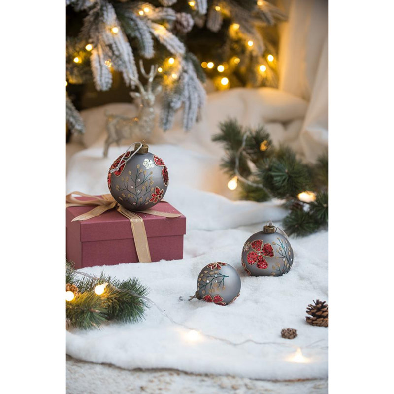 Elegant Gray and Red Glass Christmas Ball Ornaments, Set of 6
