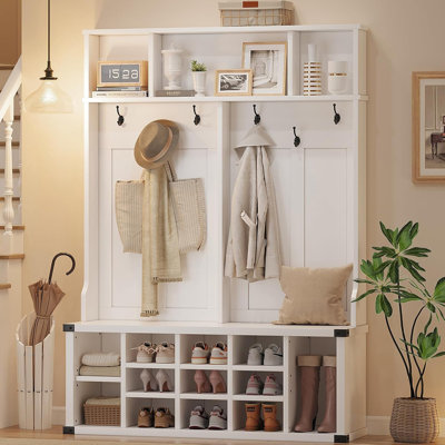 Hall Tree with Shoe Storage Bench, 4-in-1 Entryway Bench with Coat Rack & Adjustable Shlef & 2 Wood Door, Hall Tree with Metal Corner & 5 Tri-Hooks for Entryway,Bedroom, Living Room