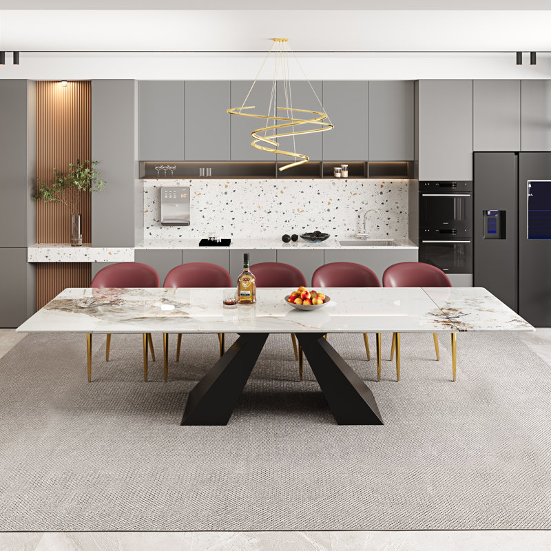 Grande table de salle à manger extensible moderne 78,74 "à 110,24" en pierre frittée moderne avec base en acier au carbone noir