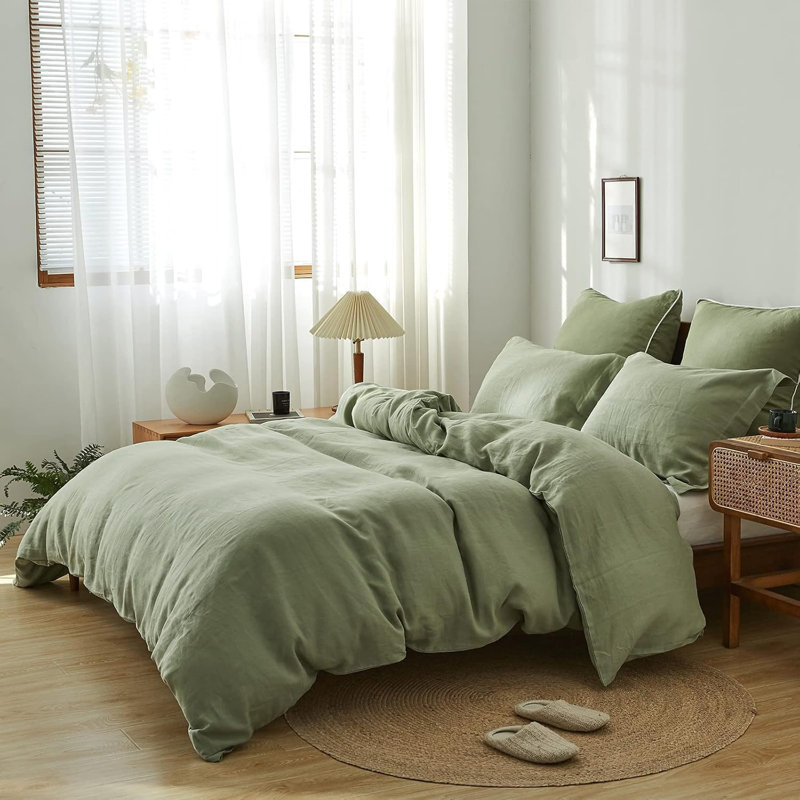 Ensemble de housse de couette 100% lin, Housse de couette très grand + 2 taies d'oreiller, Vert sauge