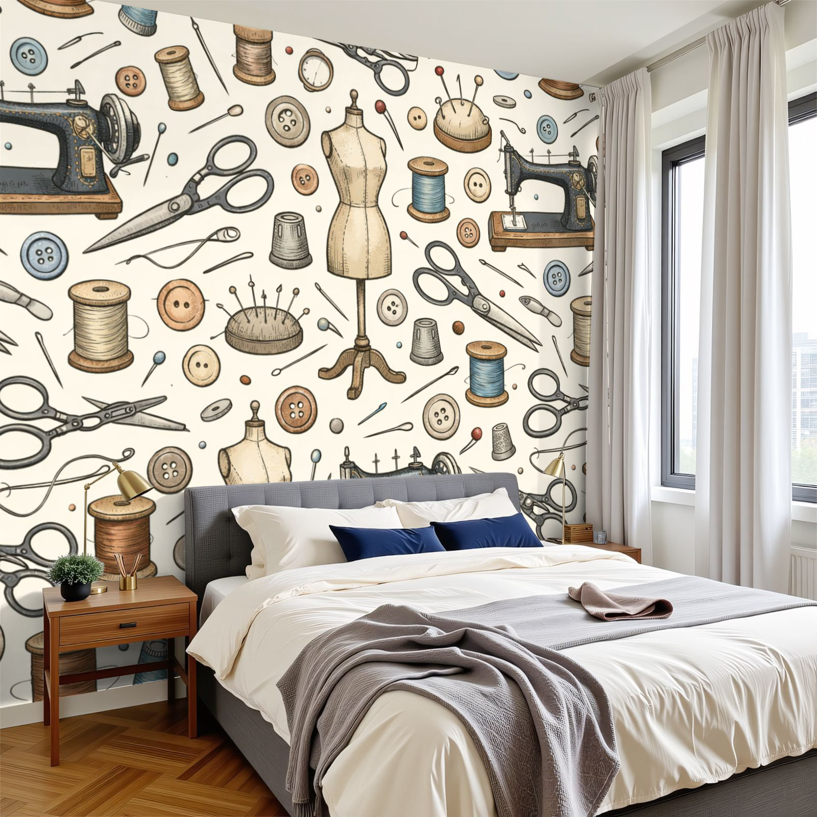 Red Barrel Studio® Peel and Stick Wallpaper Vintage Sewing Tools ...