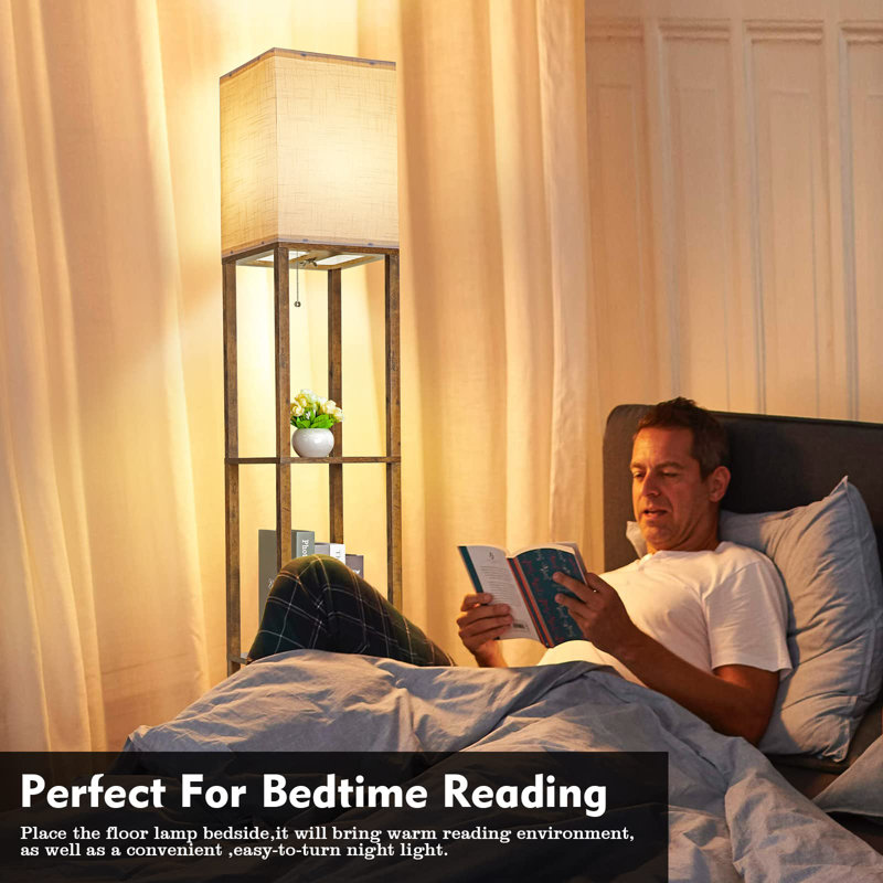 Lampe sur pied avec tablettes, lampe sur pied avec chargeur sans fil et 2 ports USB de chargement et tiroir, Brun