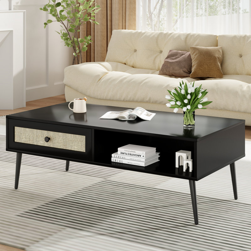 Table basse de style Mid-Century moderne, console rectangulaire de 47 pouces avec tiroir et tablette, table basse en bois pour le salon, bureau, noir