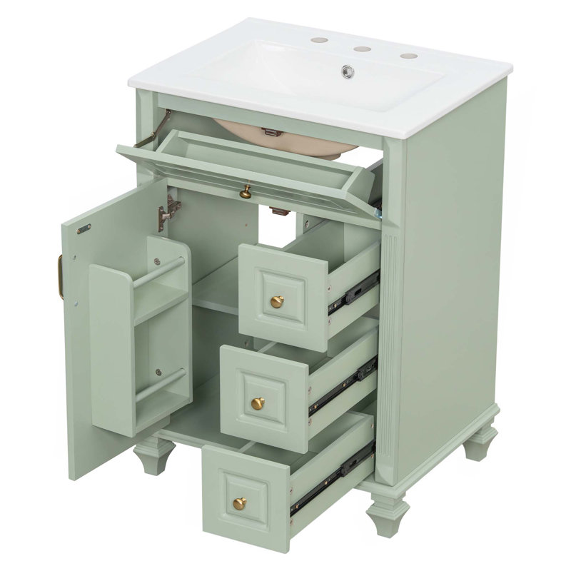 Meuble-lavabo sur pied 24 po avec lavabo, meuble-lavabo autoportant avec tiroir rabattable, 3 tiroirs et armoire de rangement