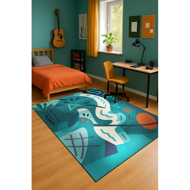 MOSSO Teal Vintage Washable Woven Backing Area Rug, 4'7" x 6'7"