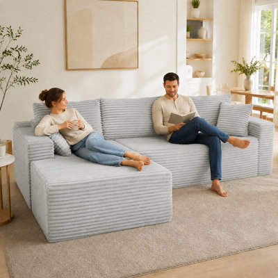 103" Wide Corduroy Modular Sectional with Reversible Chaise and No Assembly Required