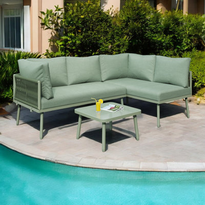 Grey Outdoor Patio Backyard Furniture Garden Lounge Set For 4-5 People L-Shaped Corner Sofa With Glass Coffee Table