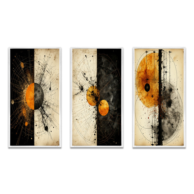 «Harmony Circular Abstract Orange White Black II», 3 pièces sur toile, Cadre flottant blanc, H 20 po x l 36 po
