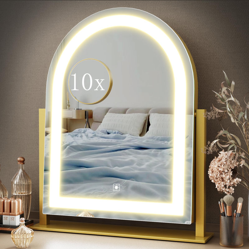 Miroir de salle de bain avec lumières, miroir de maquillage DEL grossissant 10 fois, commande tactile intelligente, 3 modes d'éclairage couleur, miroir de table rotatif à 360 °, (or)