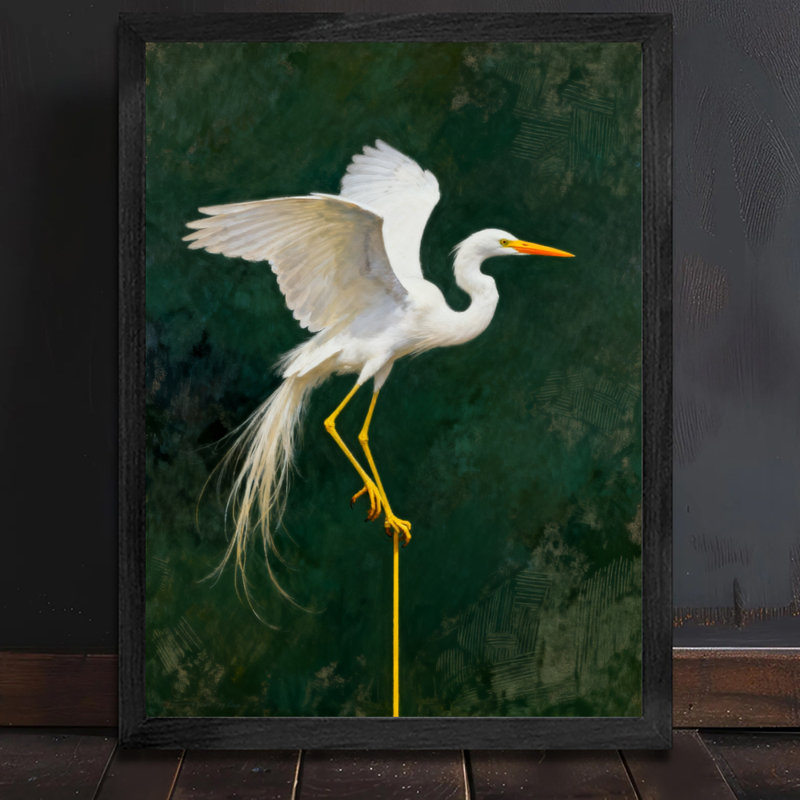 Aigrette noire encadrée noire - élégance et beauté naturelle, impressions murales de style rétro, H 25 po x l 17 po