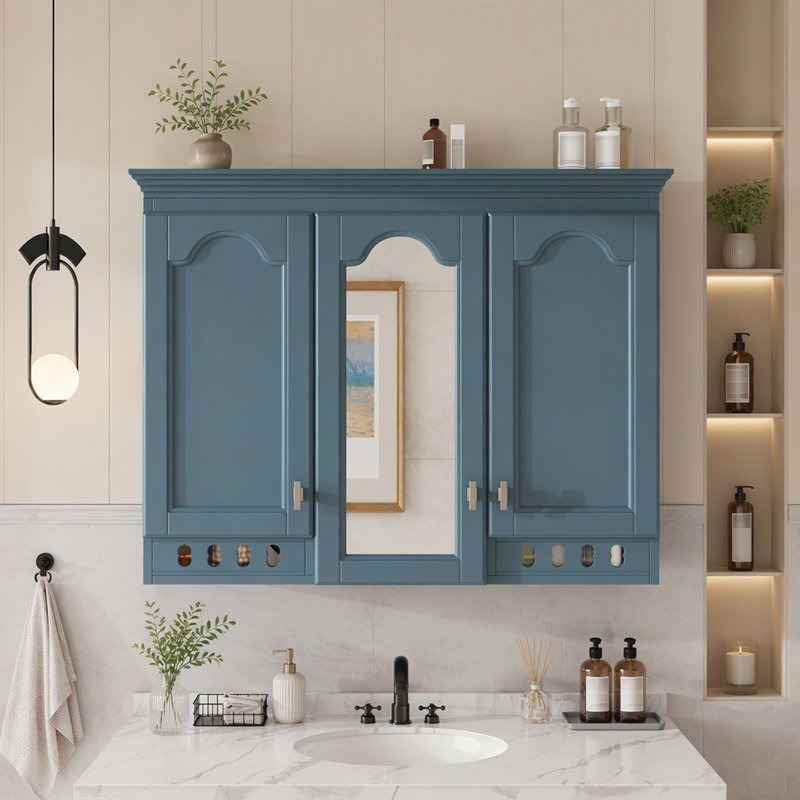 Armoire à miroir murale 35 pouces tout-en-un avec tablettes réglables, Bleu
