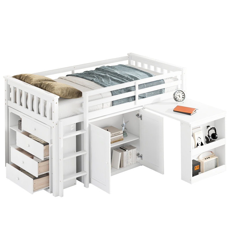 Lit mezzanine simple en blanc avec solutions de rangement - Armoire, tiroir, tablette et bureau
