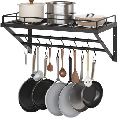 Wall Mounted Pot Rack, 23.8 Inch Pot and Pan Organizer with 2 Tier Hanging Rails, 12 S-Hooks, Metal Pot Rack