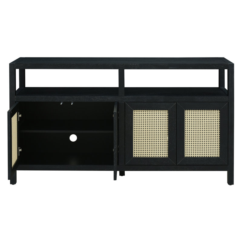 Bohemian Style Rattan Buffet Storage Cabinet with Solid Wood Frame, Push-to-Open Design, Black