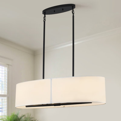 Lustre tambour moderne 4 lumières 34,65 po noir, avec îlot de table avec abat-jour en tissu pour salle à manger, îlot de cuisine, salon