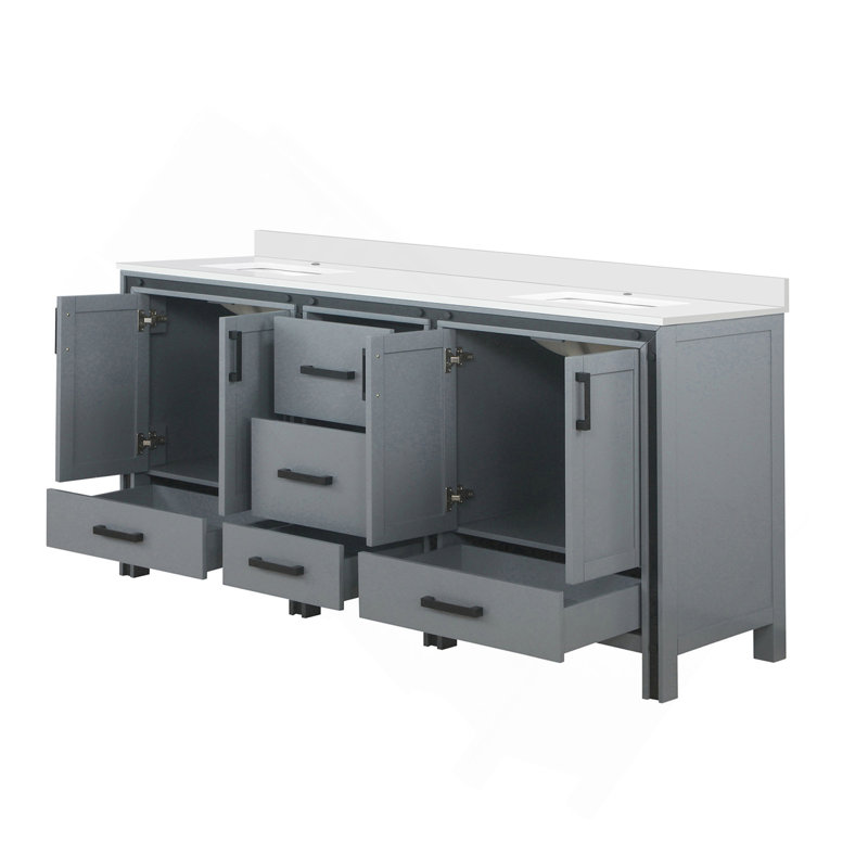 Meuble-lavabo double gris foncé de 72 po X P 22 po D, avec plateau en quartz blanc, H 35,13 po x l 73 po x P 21,38 po