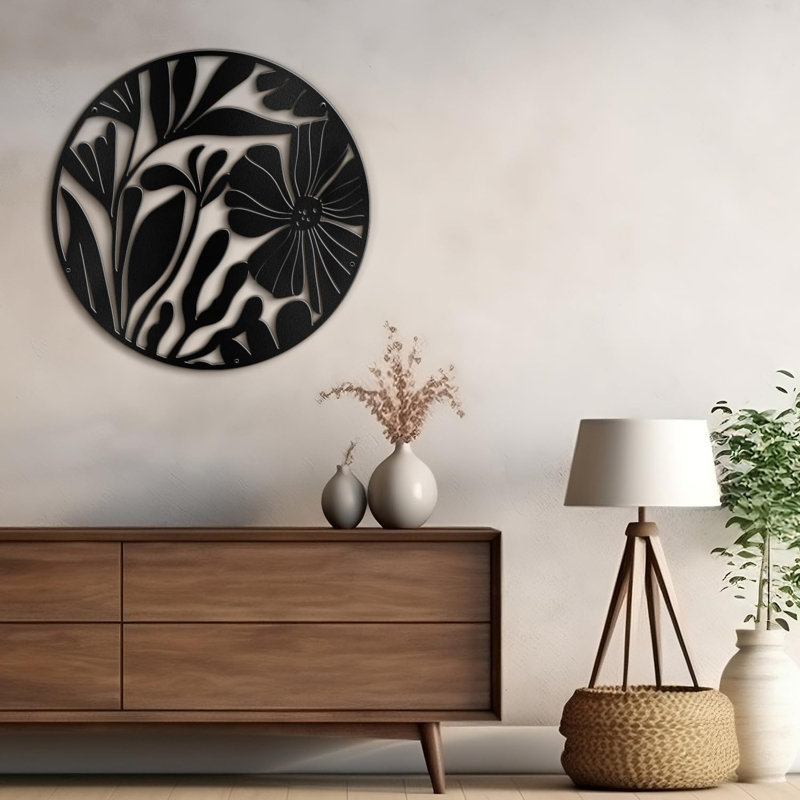 Décoration murale ronde en métal botanique, H 36 po x l 36 po x P 0,05 po, Noir