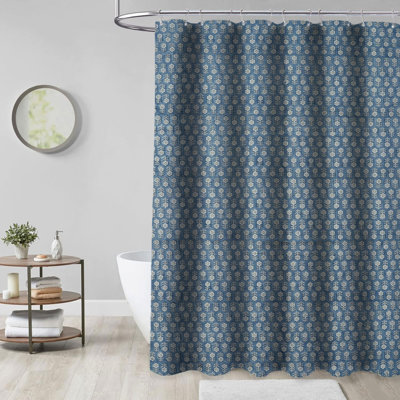Handmade Block Printed Shower Curtain – Artisanal Bath Décor, Tulsi Buti, Blue