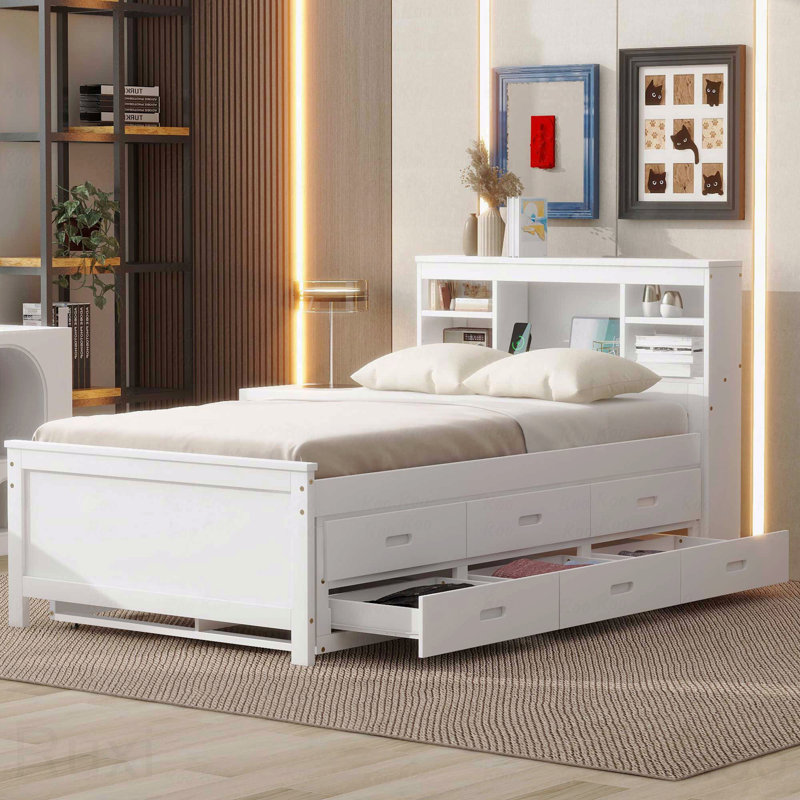 Structure de lit plateforme simple, tête de lit avec rangement, USB, lit gigogne, 3 tiroirs, Blanc