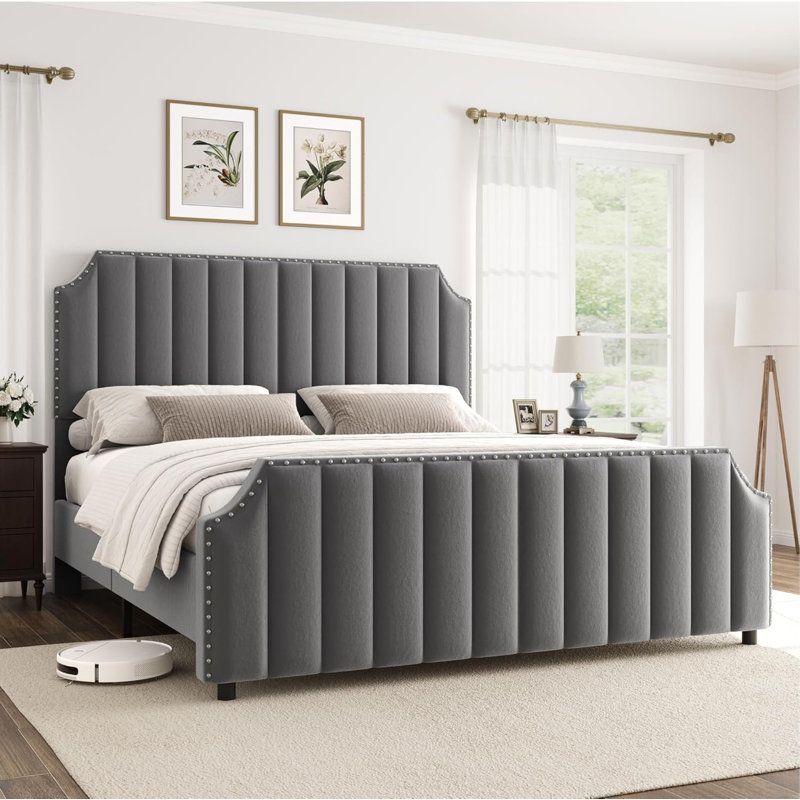 Velvet Bed Frame, 50.2" Tall Headboard & Footboard, Gray, King