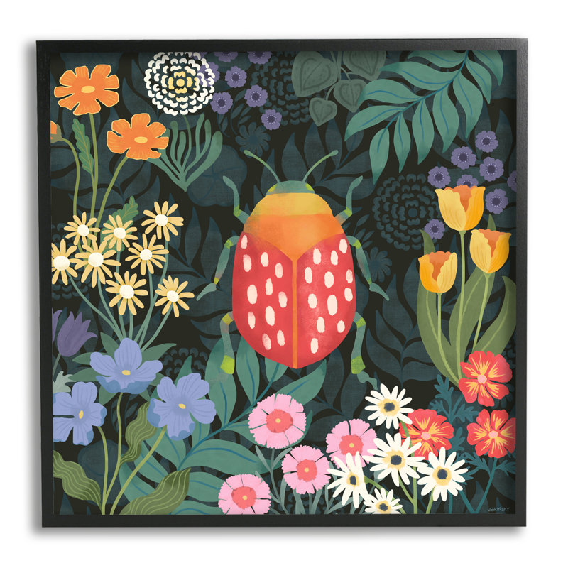 Coccinelle à motif de jardin encadrée par Jennifer Brinley Levison Designs, Giclée encadrée noir minuit