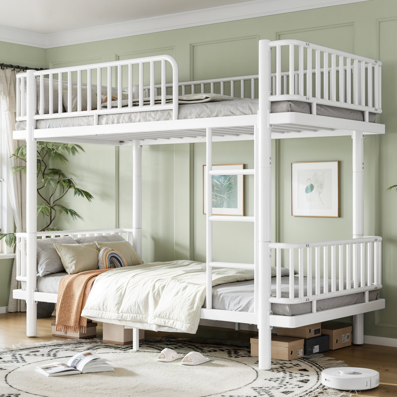 Lit superposé simple TG au-dessus de simple TG avec échelles et garde-corps, structure de lit superposé en métal avec conception de tuyau rond de sécurité améliorée, peut se transformer en 2 lits plateforme, blanc