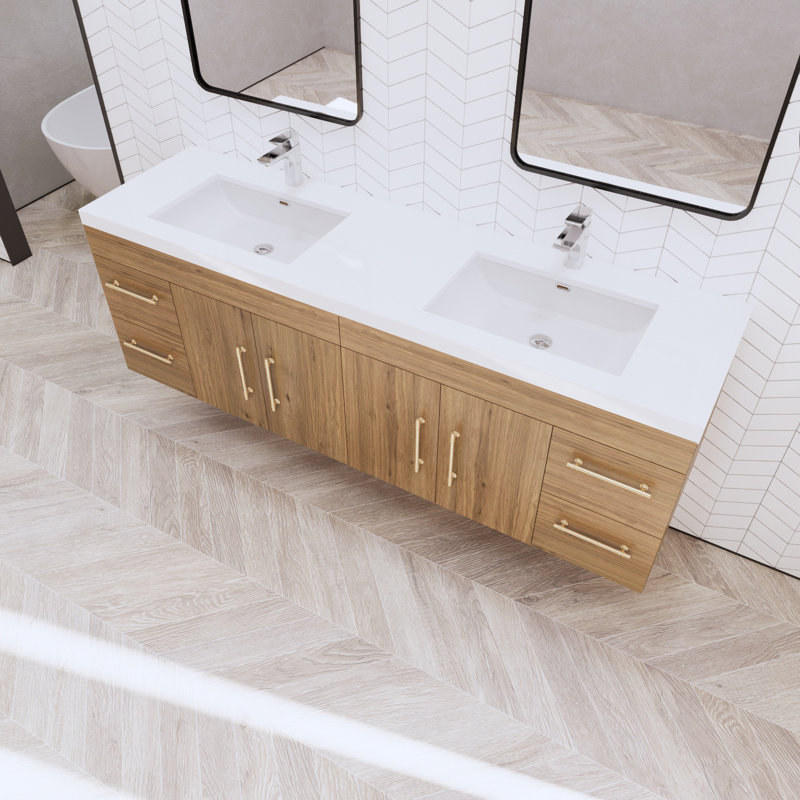 Bensley 70.5" Wall-Mounted Double Bathroom Vanity Set, Natural Oak