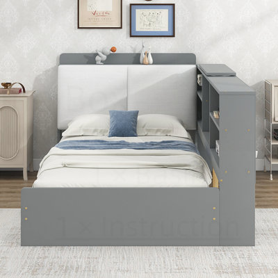 Sturdy Pine Wood Platform Bed with Built-in Shelves, Drawers, and Rotatable Storage Board for Comfort and Organization