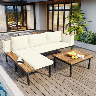  L-Shaped Outdoor Sectional Sofa Set with Built-in Wood Side Tables and Coffee Table, Patio Conversation Set, Beige
