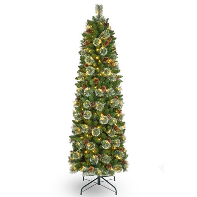 7.5ft Pre-Lit Slim Christmas Tree with Pinecones, 350 Warm White LED Lights & Flocked Pine Needles – Festive Artificial Tree for Home Decor