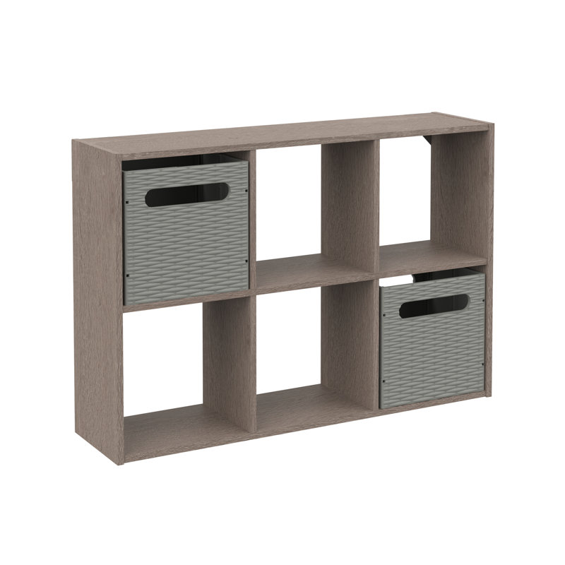 Mini 6-Cube Desktop or Wall Mount Organizer with 2 Collapsible Storage Bins, Bleached Walnut