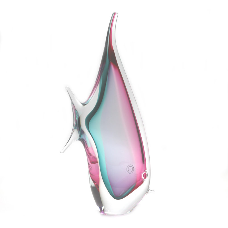 Murano Glass Design Tropical Fish, 10" H x 7" W x 2.5" D, Aqua/Ruby