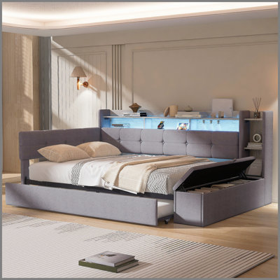 Lit de jour simple rembourré avec repose-pieds et tablettes, avec couchette, charge USB et lumière DEL, gris