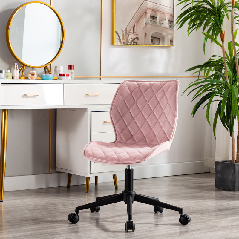 Chaise de travail ergonomique rembourrée en velours Alberson, Rose saumon, Noir