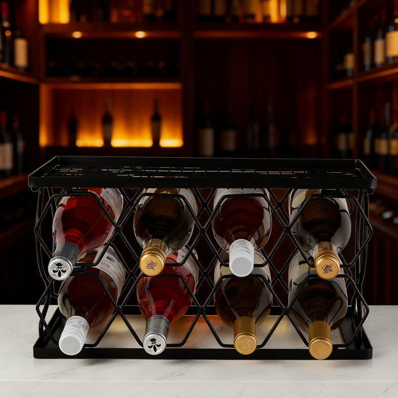 Support à vin pliable et empilable en métal pour 8 bouteilles, rangement peu encombrant et présentoir avec plateau supérieur en métal