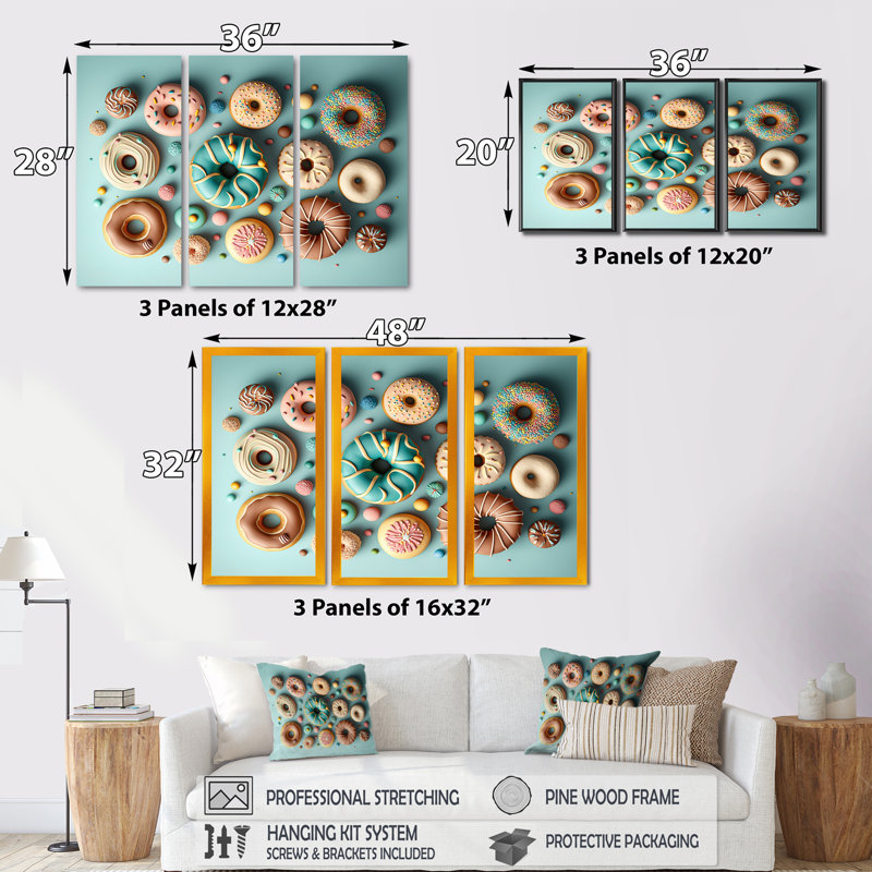 «Colorful Donuts Flatlay V», reproduction de 3 pièces sur toile, H 32 po x l 48 po x P 1 po, Toile tendue