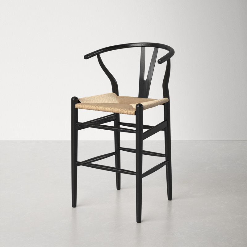 Black and Natural Wood Counter Stool with Wicker Seat