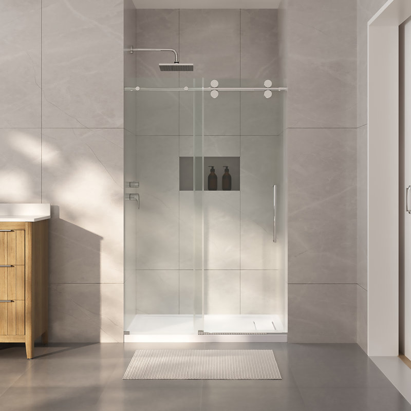 Ensemble de douche coulissante avec porte et base Reva 48 po x 32 po - Chrome, H 76,77 po x l 47,99 po x P 32,01 po