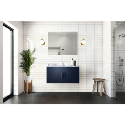 Meuble-lavabo bleu marine 36 po X 22 avec miroir à DEL - Compartiment de rangement généreux Méthode d'assemblage rapide Abondant entièrement assemblé instantanément
