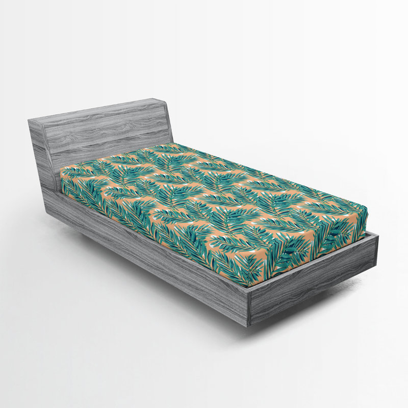 Drap-housse Ambesonne, Drap-housse de taille simple, Saumon / blanc / motif floral bleu-vert
