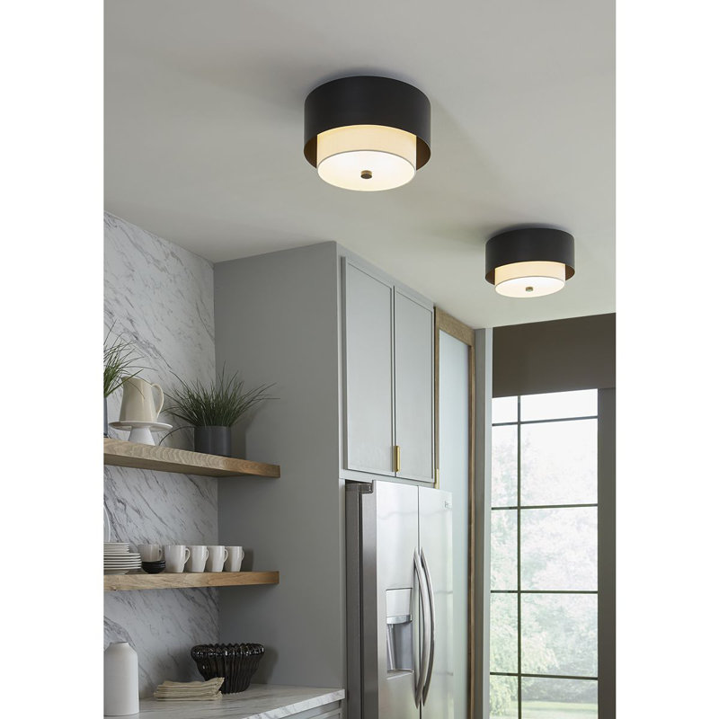 Glass and Linen Flush Mount, Matte Black