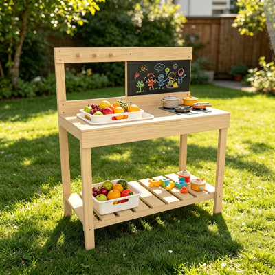 Kids Wooden Outdoor Mud Kitchen Play Set Toddler Kitchen Play Set with Water Box Blackboard