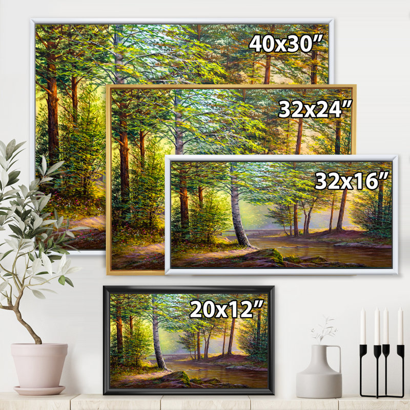 «Morning Sunlight Through The Awakening Fir Forest», peinture sur toile, H 12 po x l 20 po x p 1 po, Cadre flottant noir